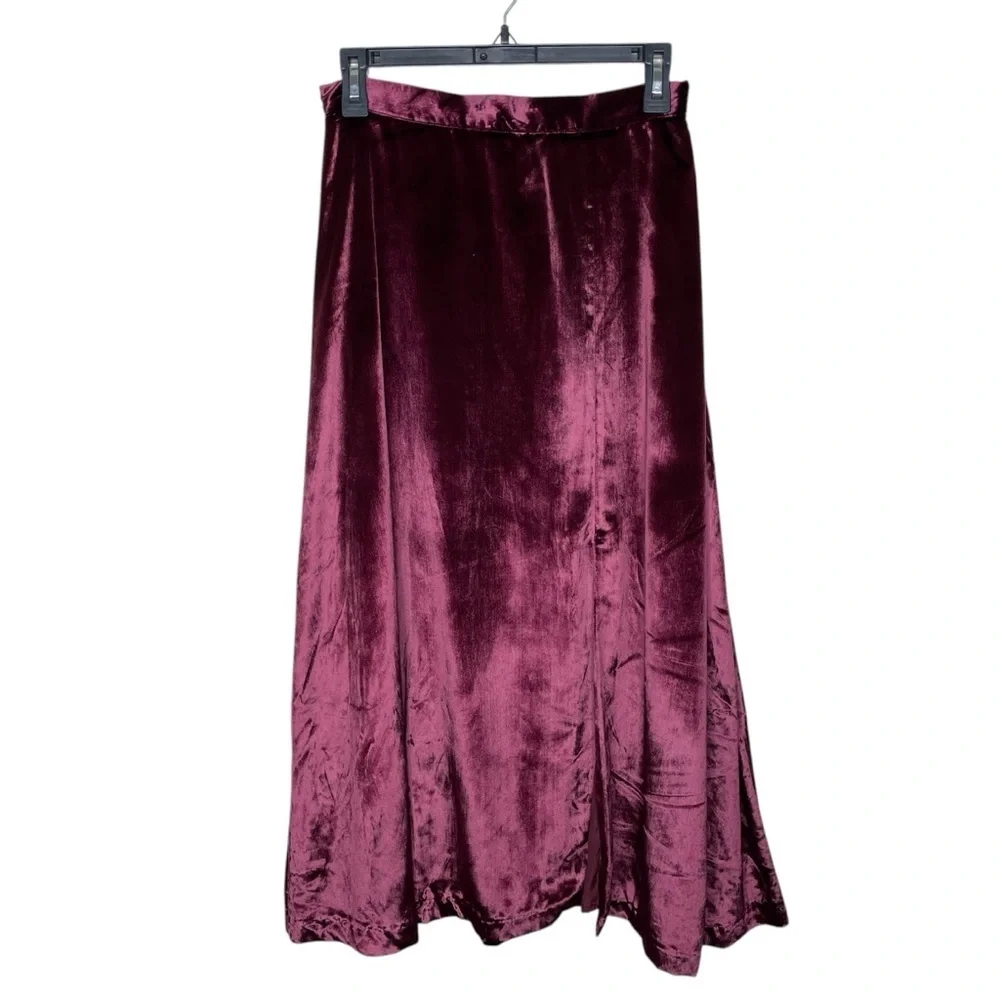 Free People‎ Velvet Party Midi Skirt Front Slit Mulberry Burgundy